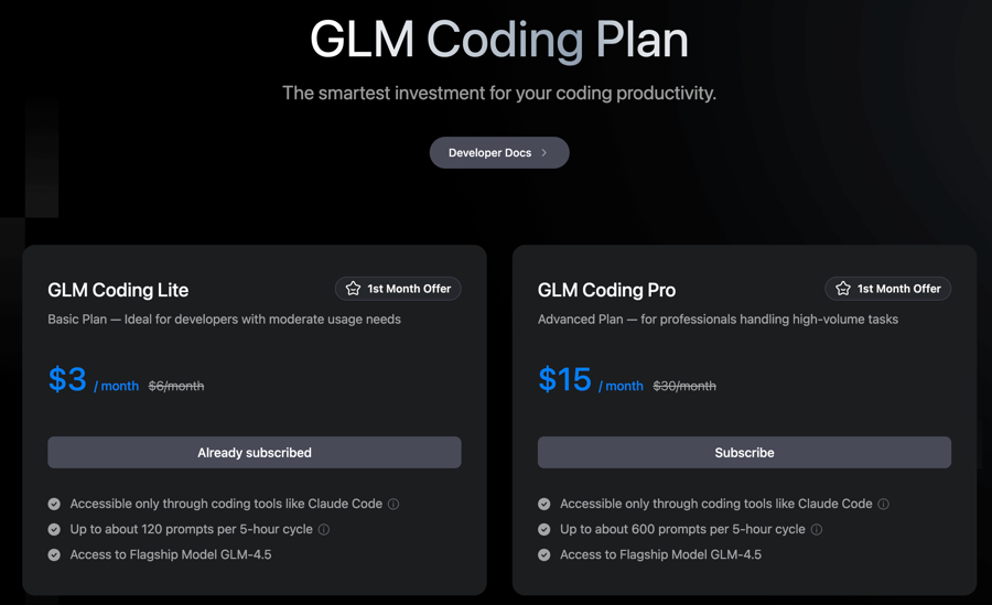 zAI 订阅页面,显示 GLM Coding Lite 和 Pro 计划及其定价